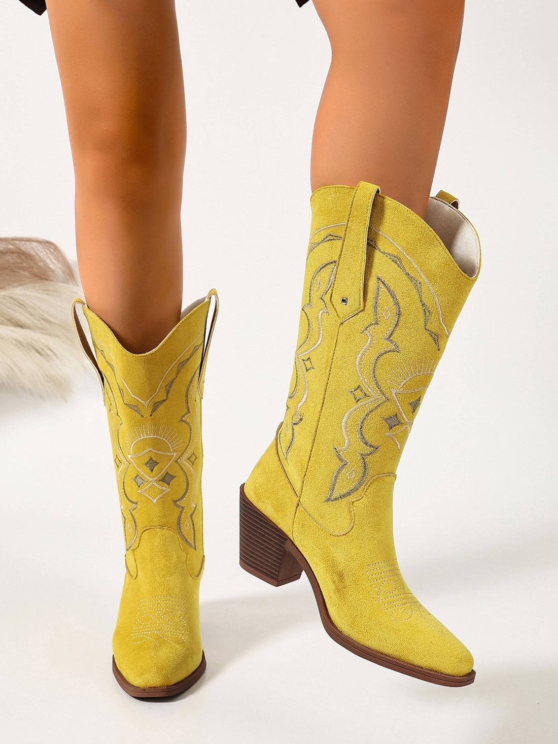 Bright Yellow Embroidered Mid Calf Cowgirl Boots
