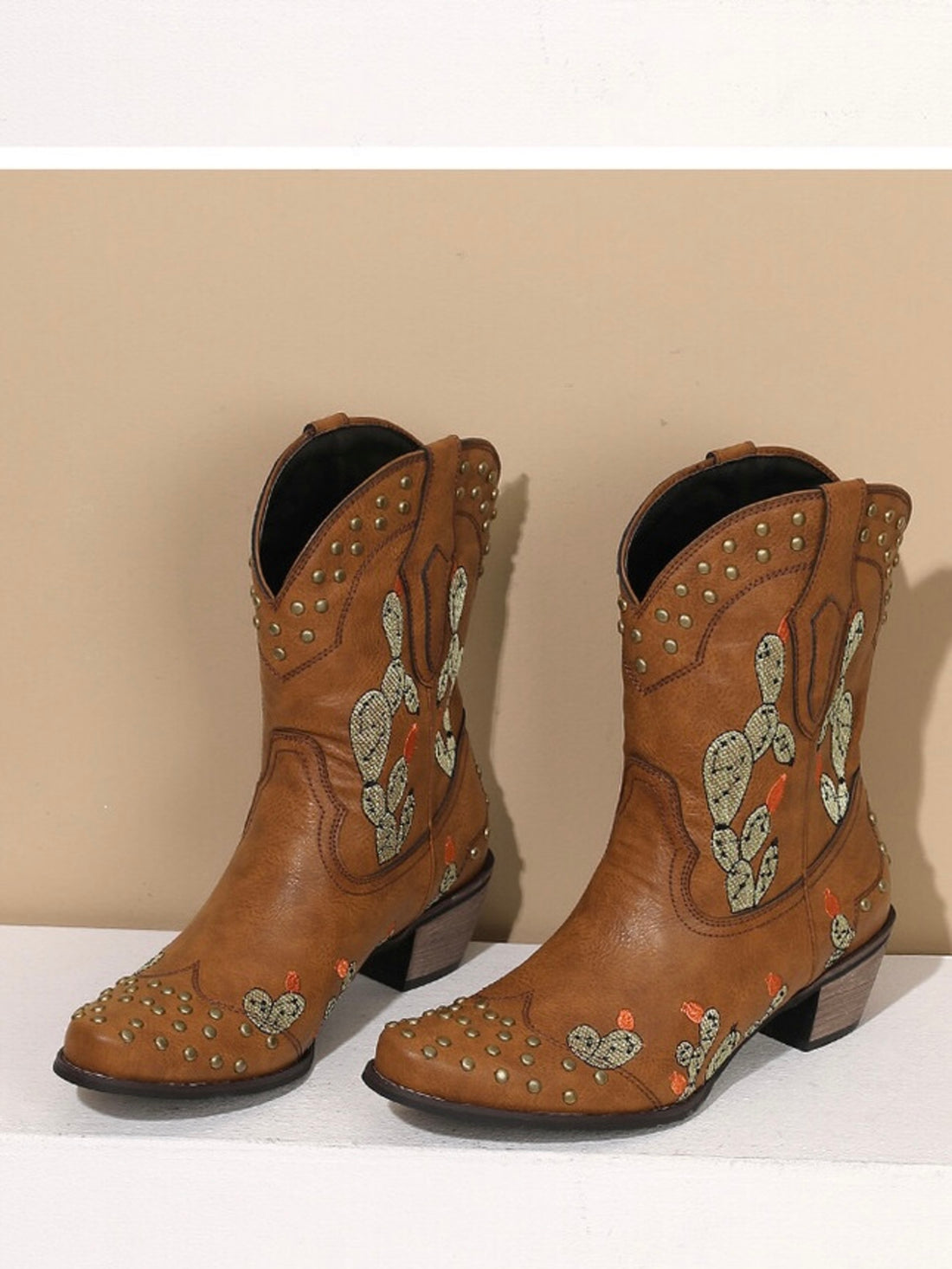 Brown Cactus Pattern Snip Toe Embroidered Ankle Cowgirl Boots