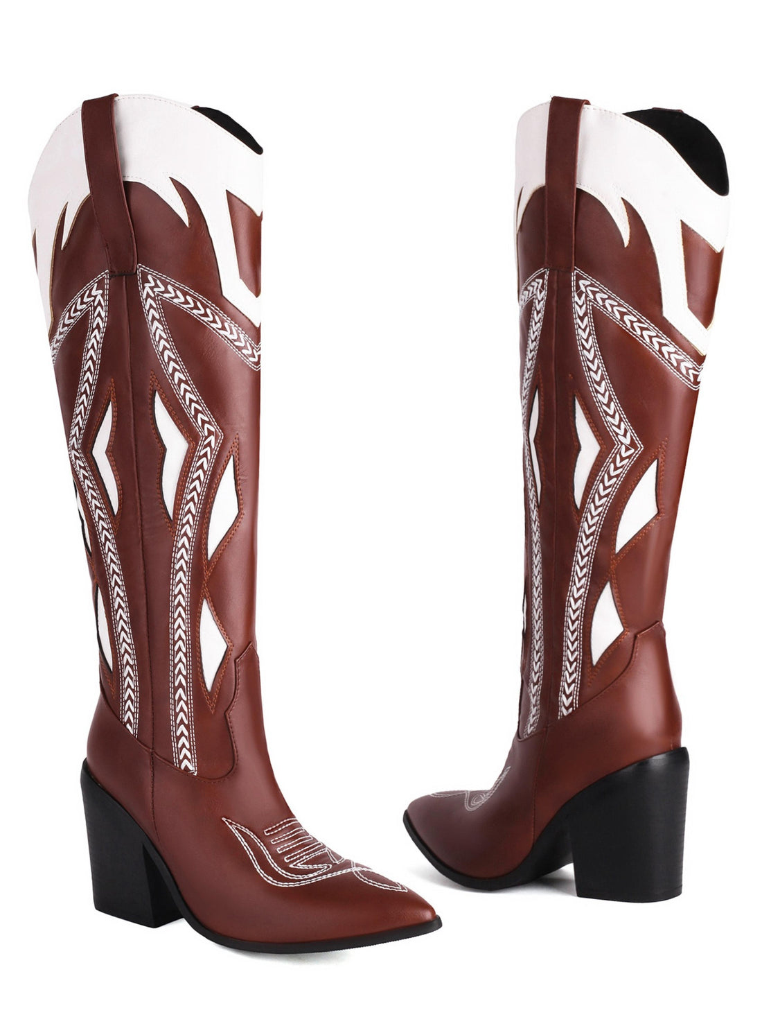 Brown Embroidered Knee-High Cowgirl Boots with Heel
