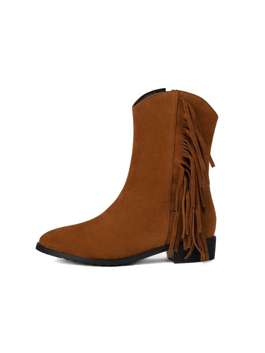 Brown Fringe Low Heel Ankle Cowgirl Boots with Zipper