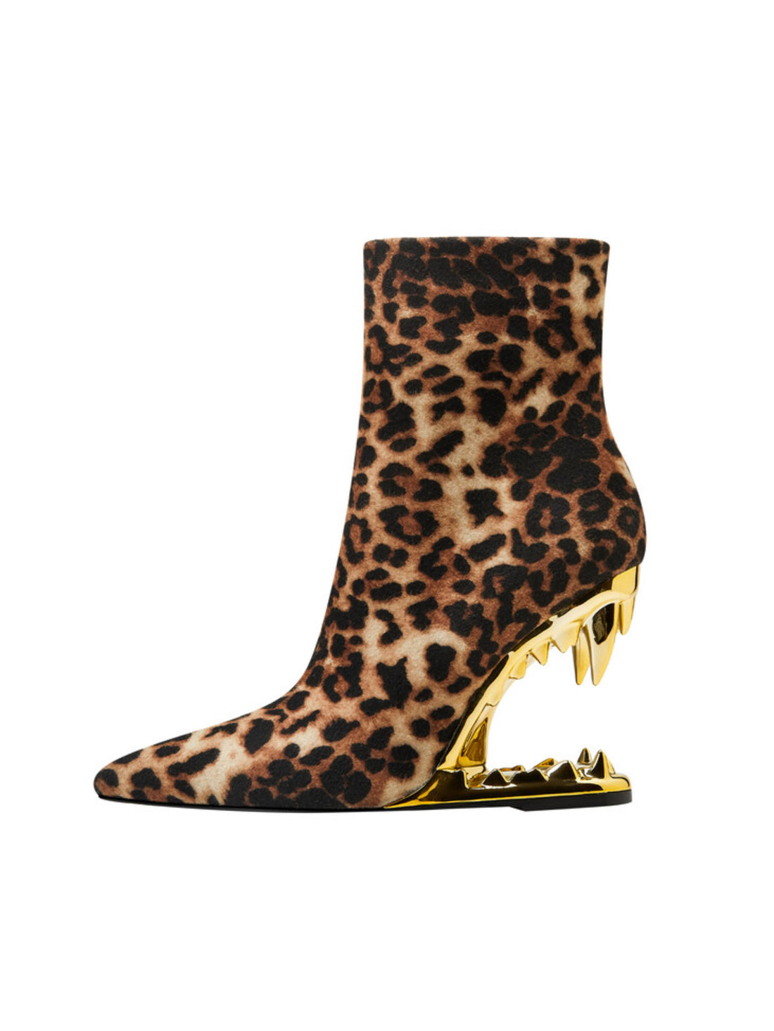 Brown Leopard Pattern Tiger Teeth Shape High Heel Ankle Boots