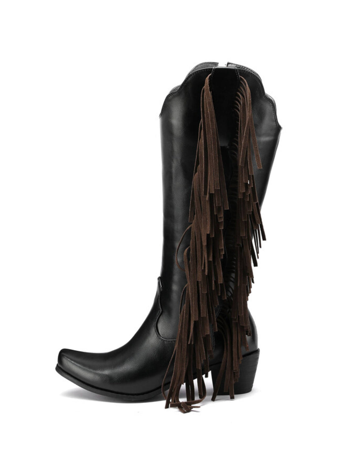 Brown Multi-Tiered Fringe Knee High Western Black Cowgirl Boots