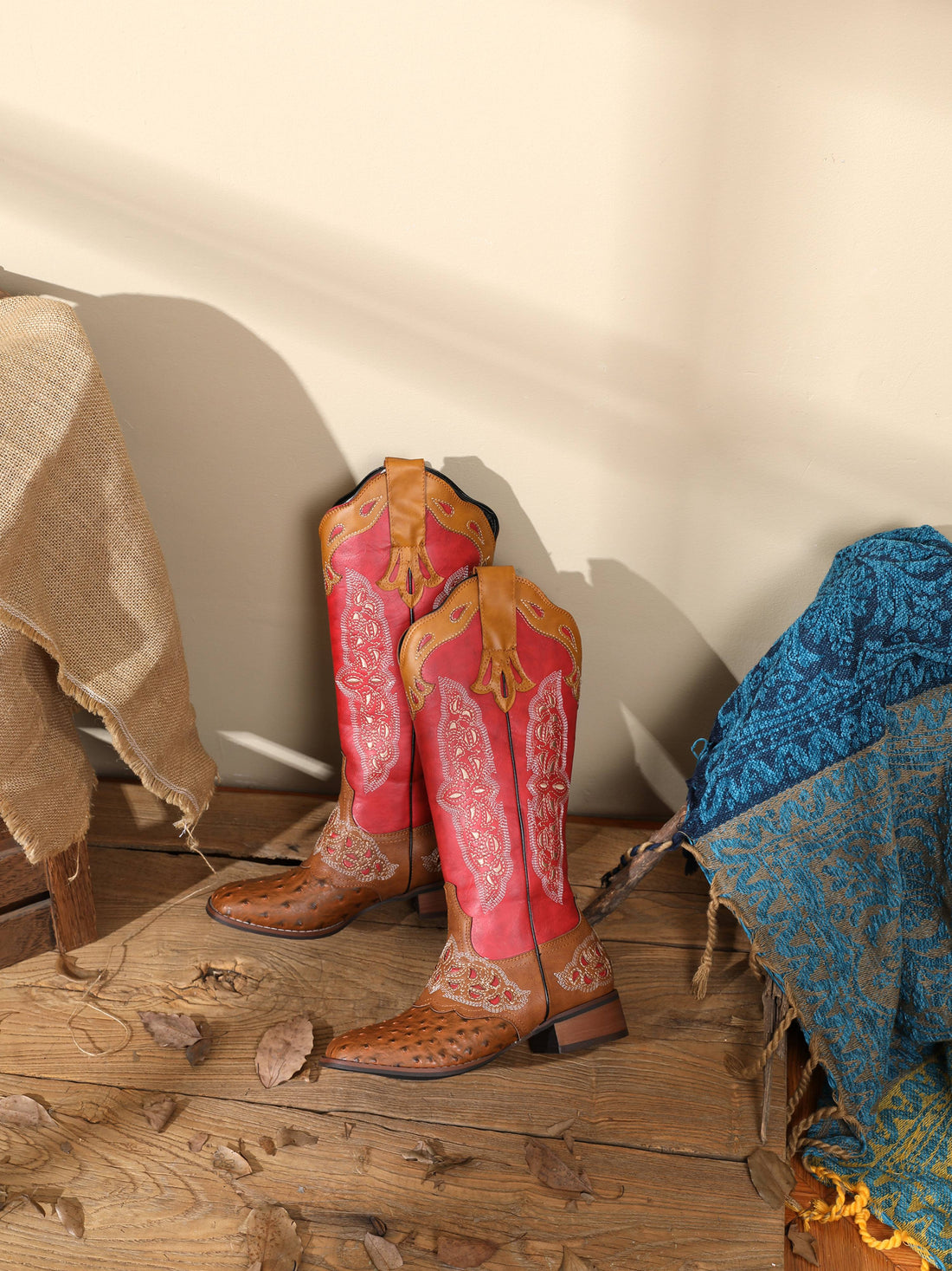 Brown & Red Snip Toe Embroidery Mid-Calf Studded Cowgirl Boots