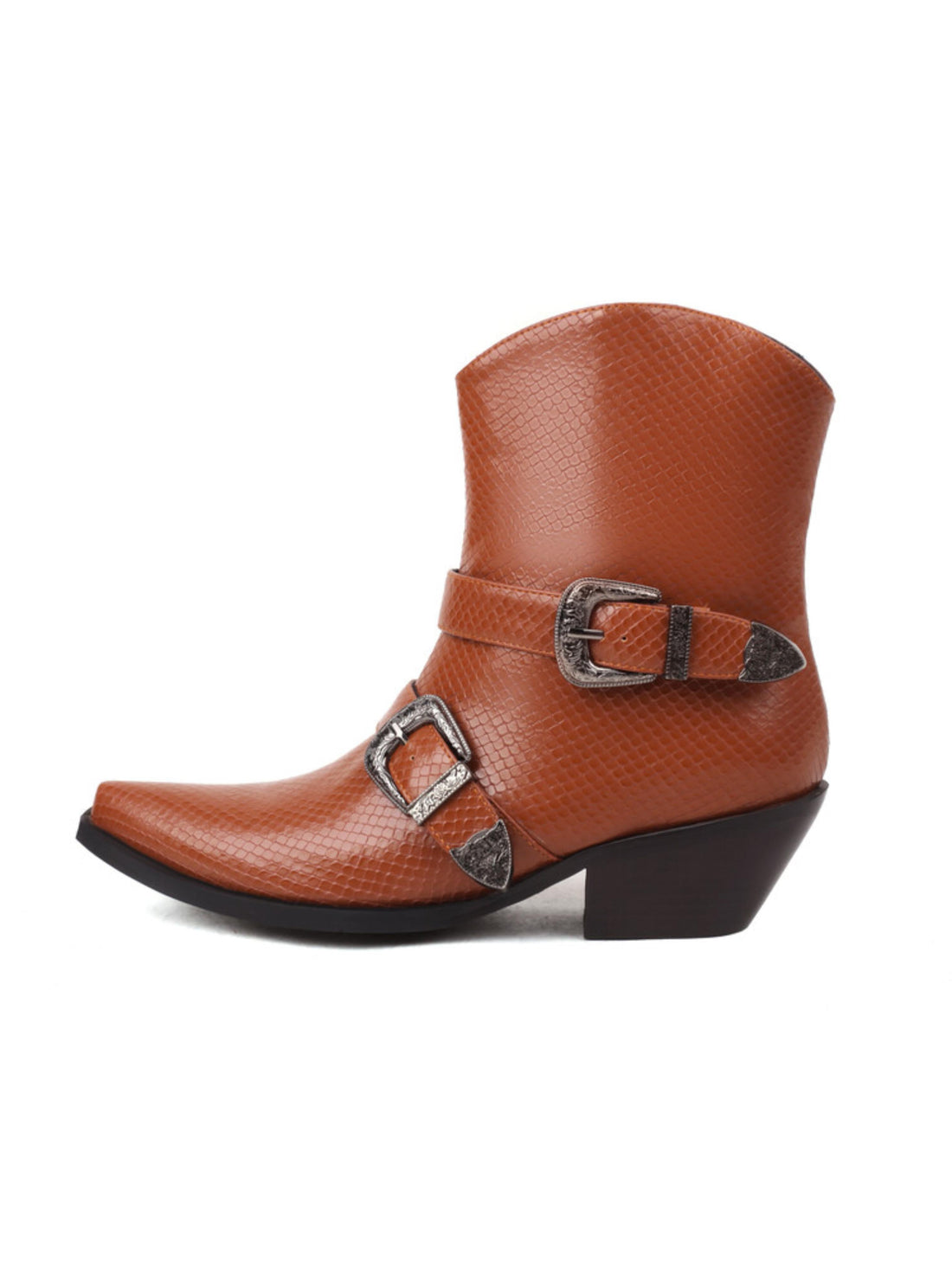 Brown Pointed Snip Toe Buckle Western Ankle Booties