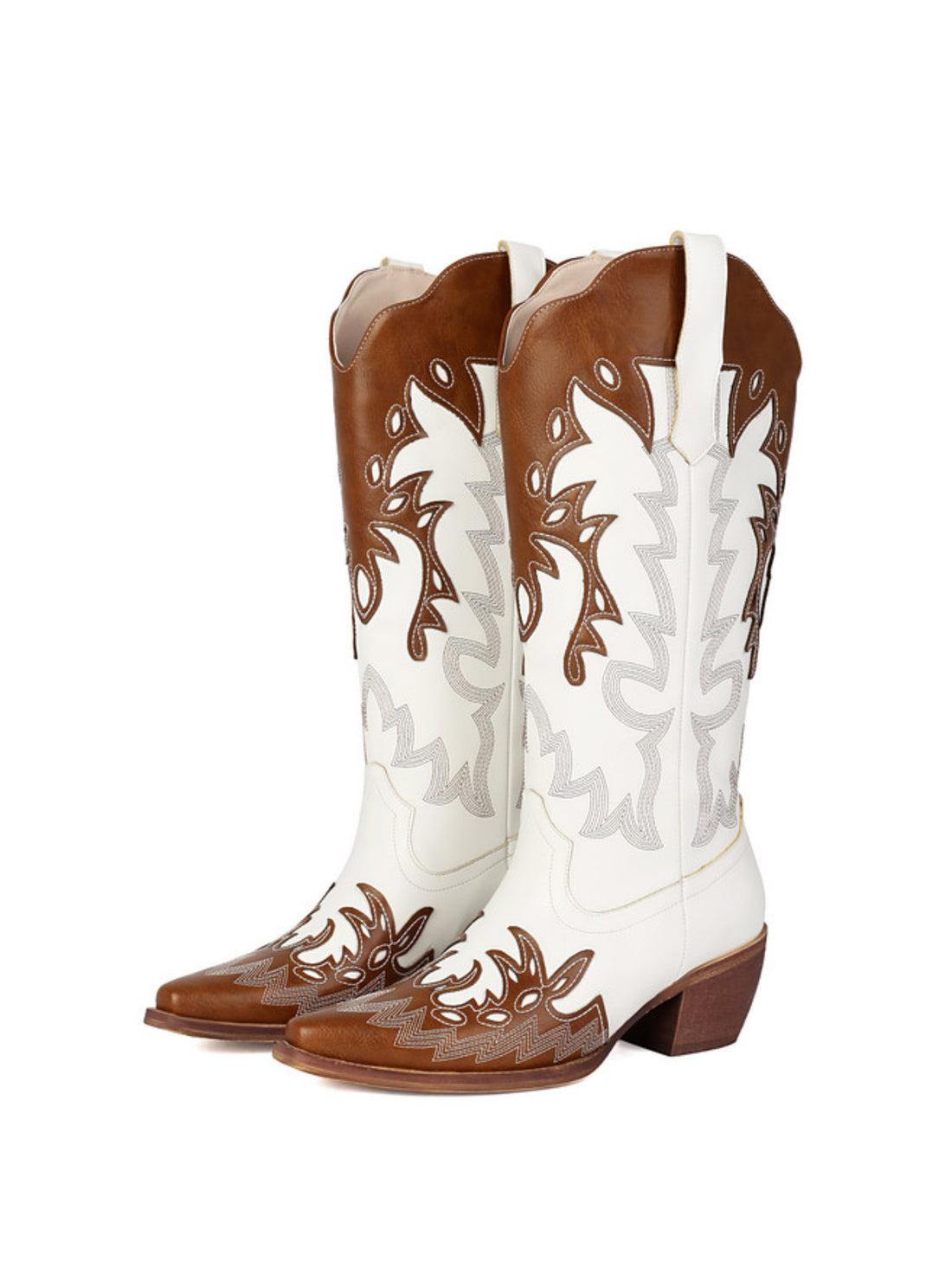 Brown & White Embroidered Long Calf Women's Western Boots