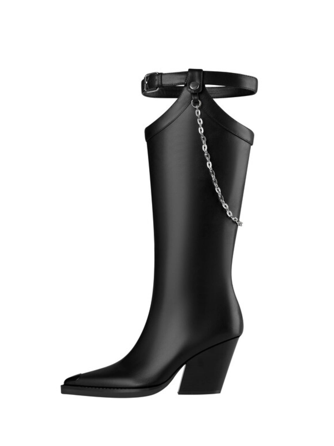 Cool Buckled Belt Chain Tall High Heel Black Cowgirl Boots