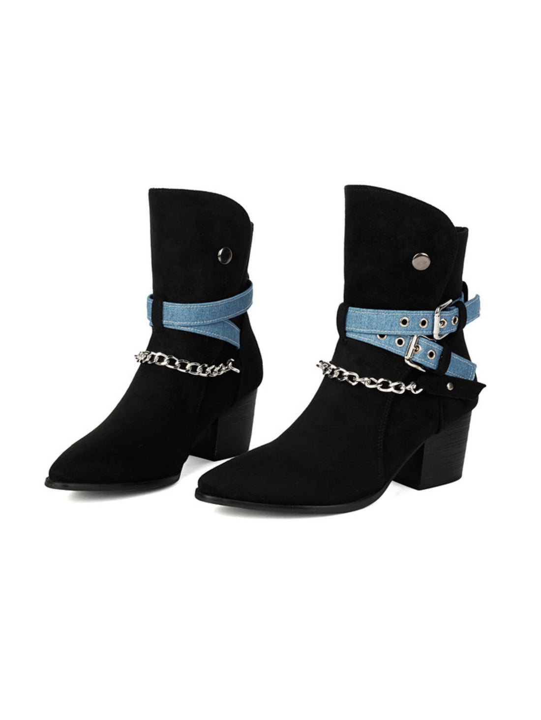 Buckled Belt and Chain Ankle Black Western Boots for Women