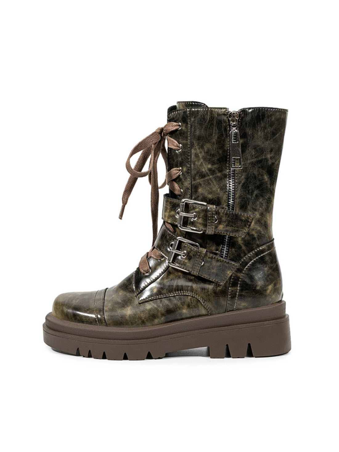 Vintage Buckled Crazy Horse Leather Combat Lace-Up Boots Olive