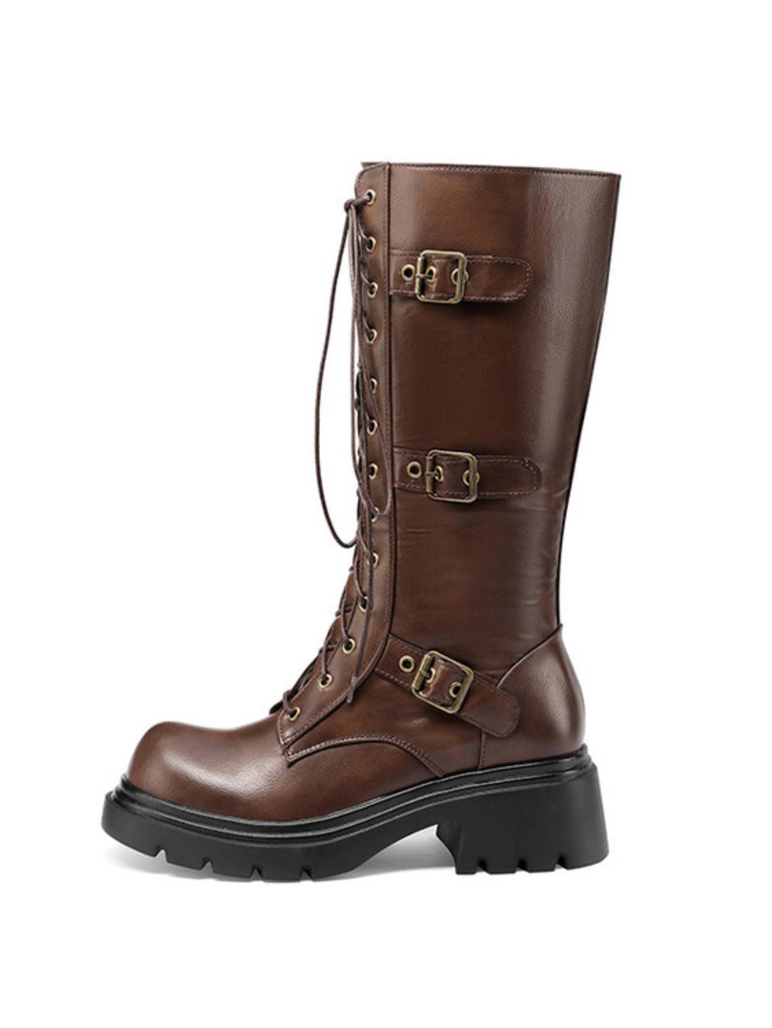 Buckled Lace-Up Dark Brown Platform Combat Boots Women