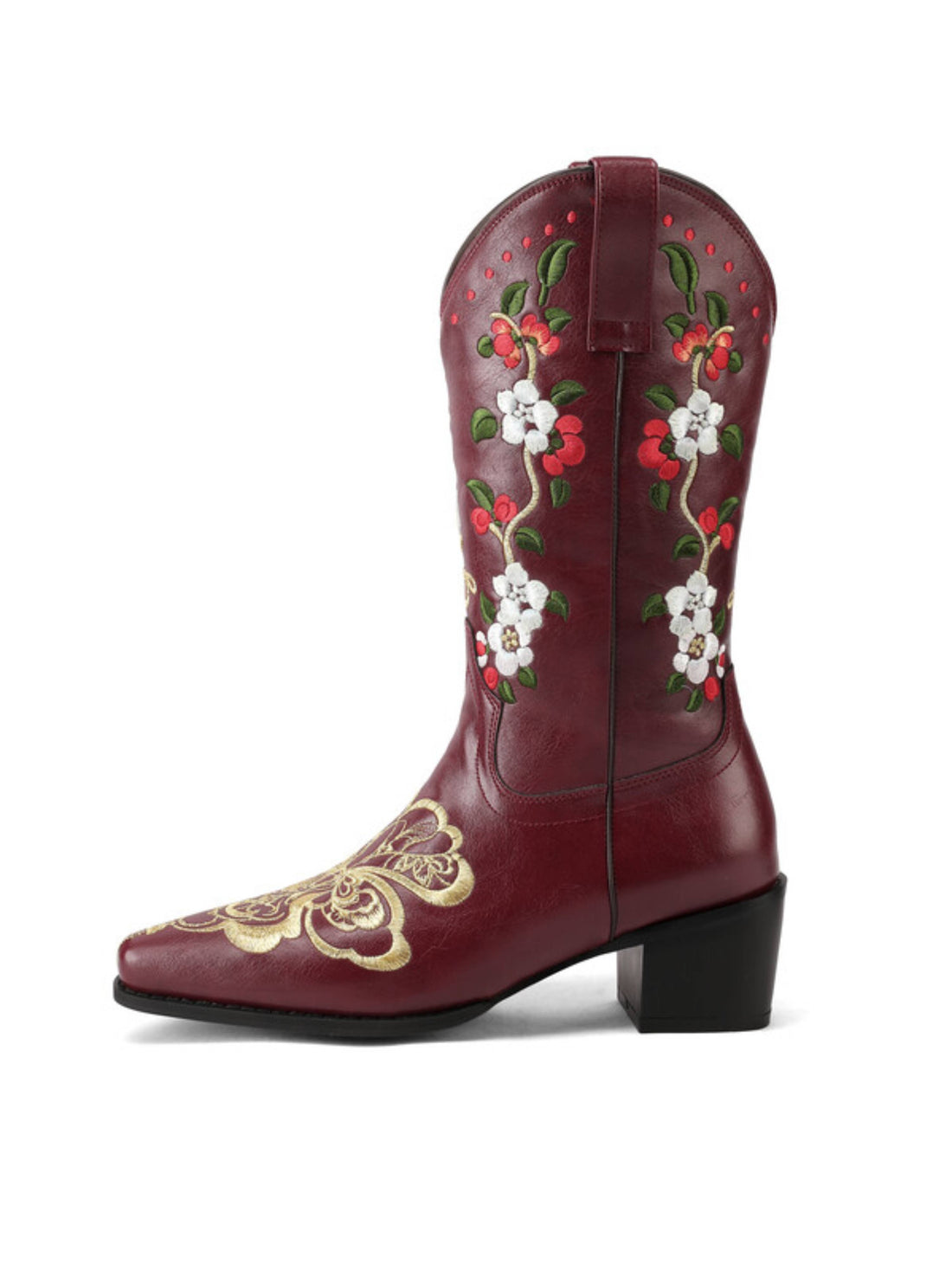 Burgundy Cowgirl Boots Floral Embroidered Snip Toe Mid Calf