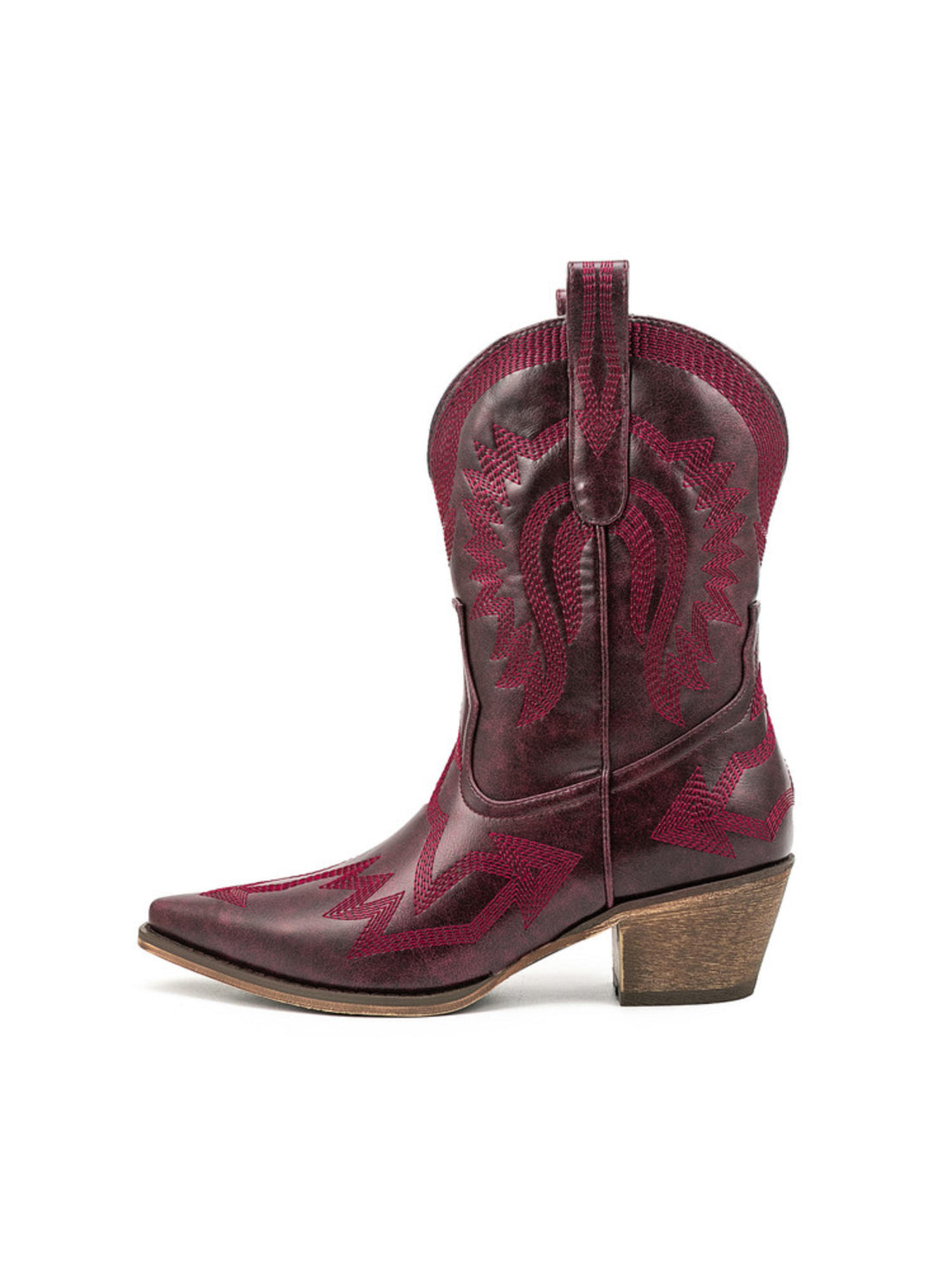 Burgundy Embroidered Western Cowgirl Boots Mid Calf