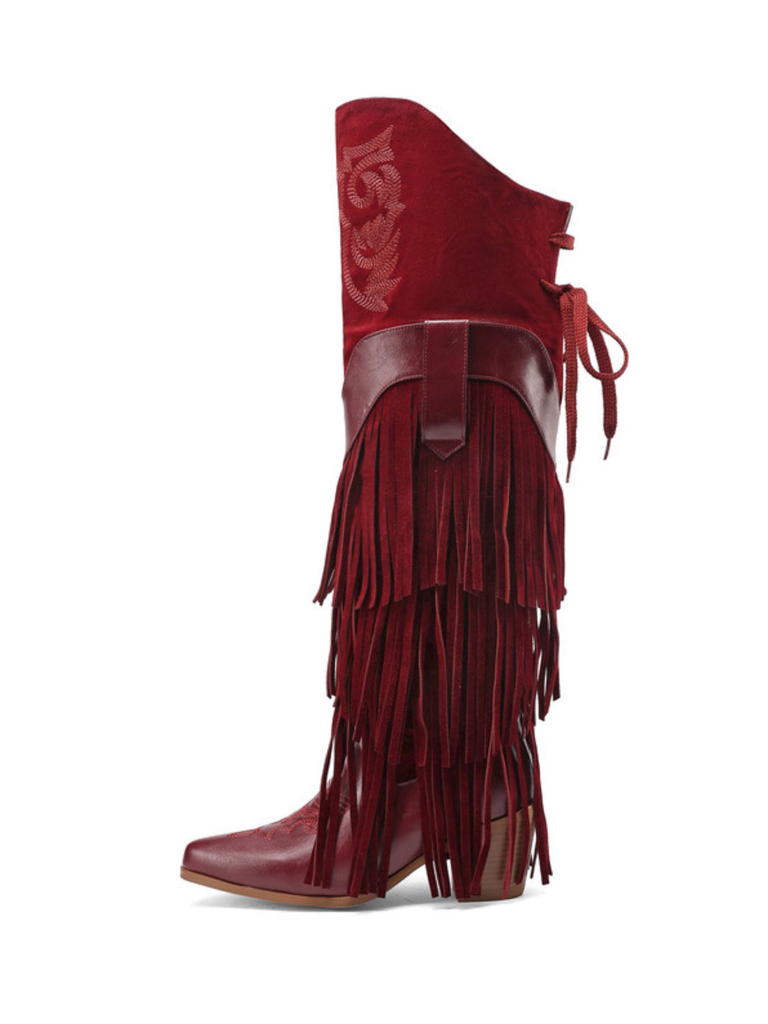 Burgundy Knee High Mid Western Heel Fringe Cowgirl Boots