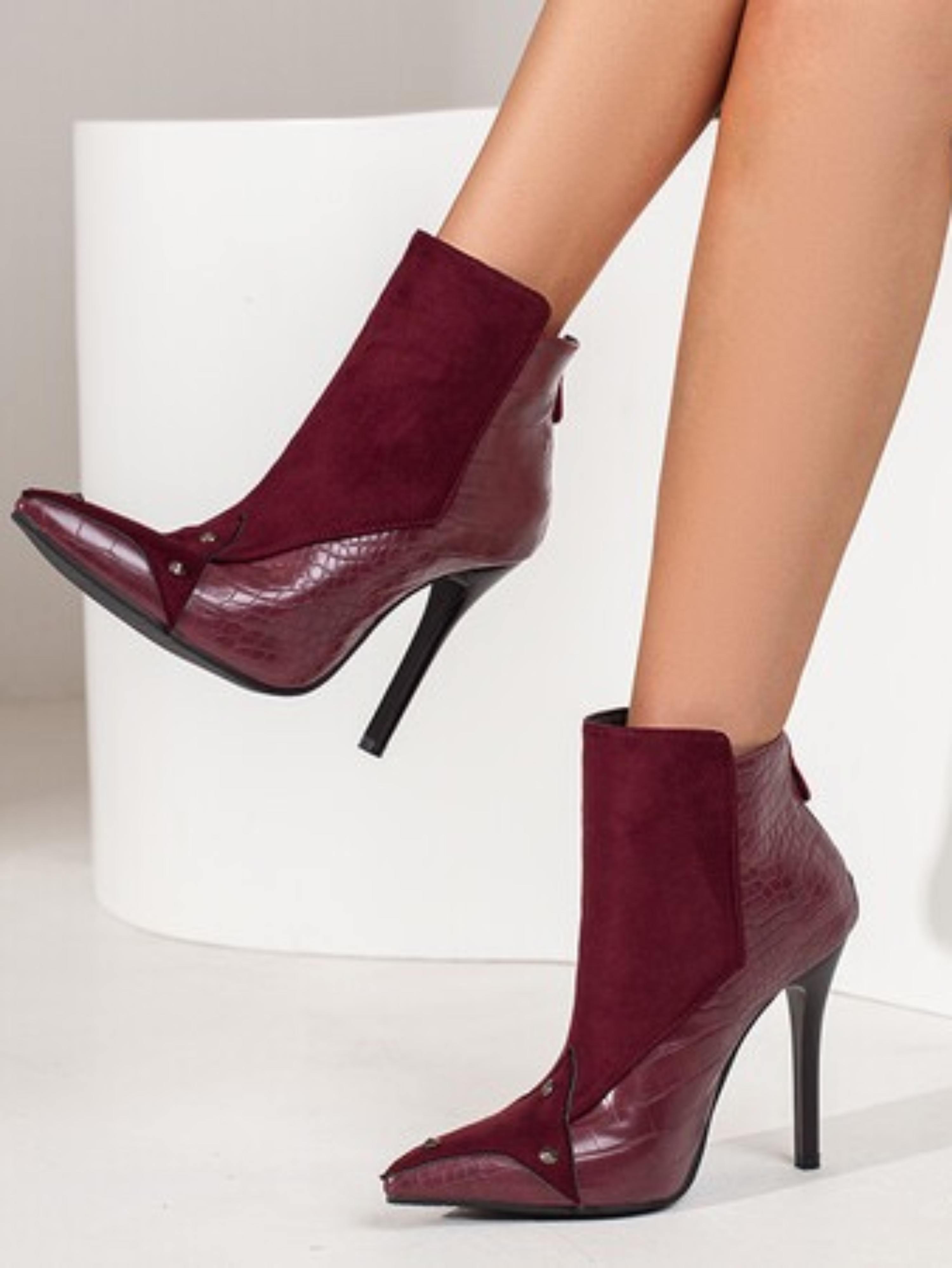 Burgundy Snakeskin High Heeled Pointed Toe Western Ankle Boots