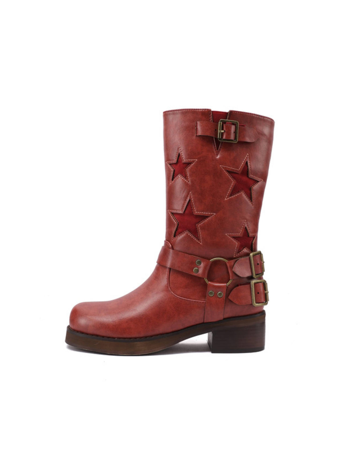 Burgundy Star Inlay Western Style Buckled Women's Riding Boots