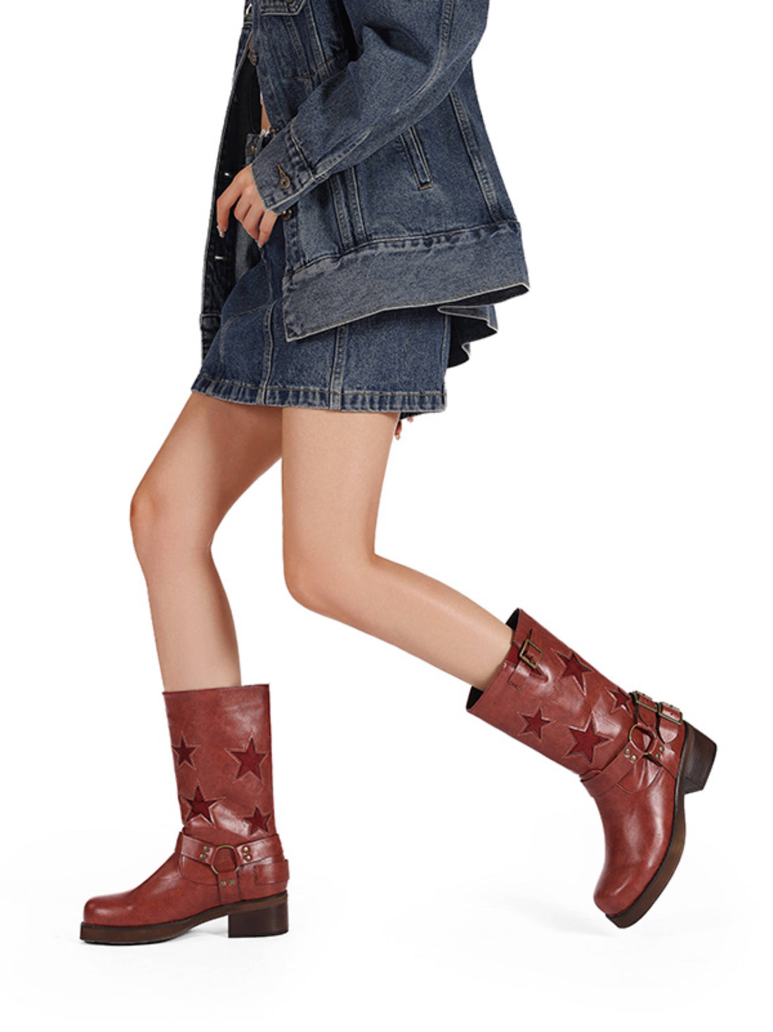 Burgundy Star Inlay Western Style Buckled Women's Riding Boots