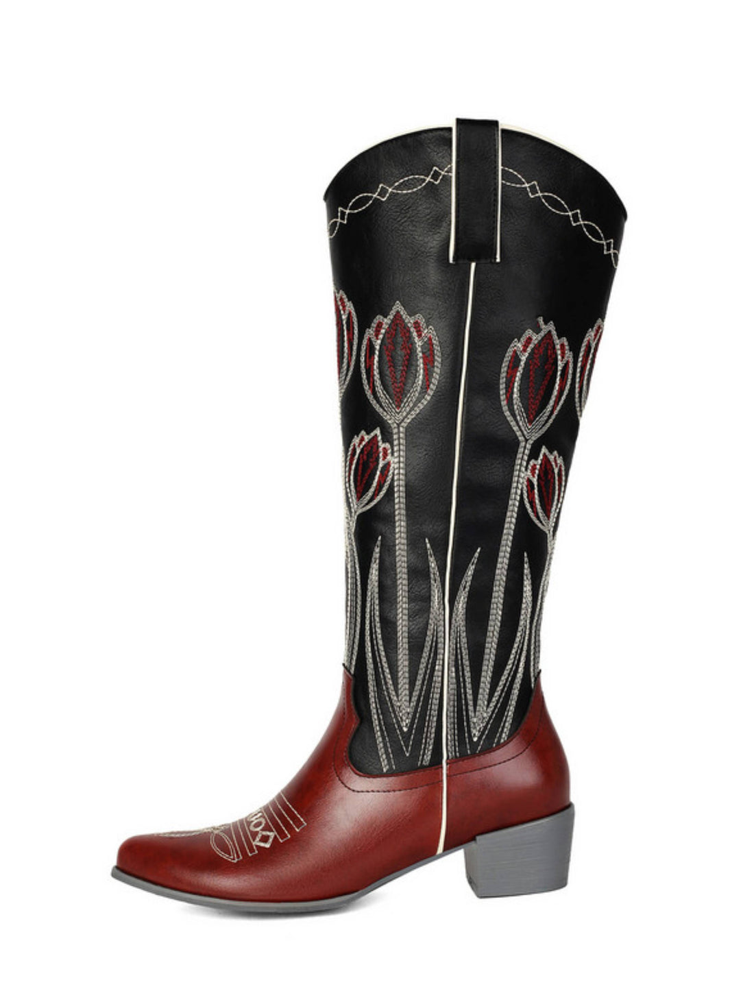 Tulip Embroidery Burgundy and Black Knee-High Cowgirl Boots