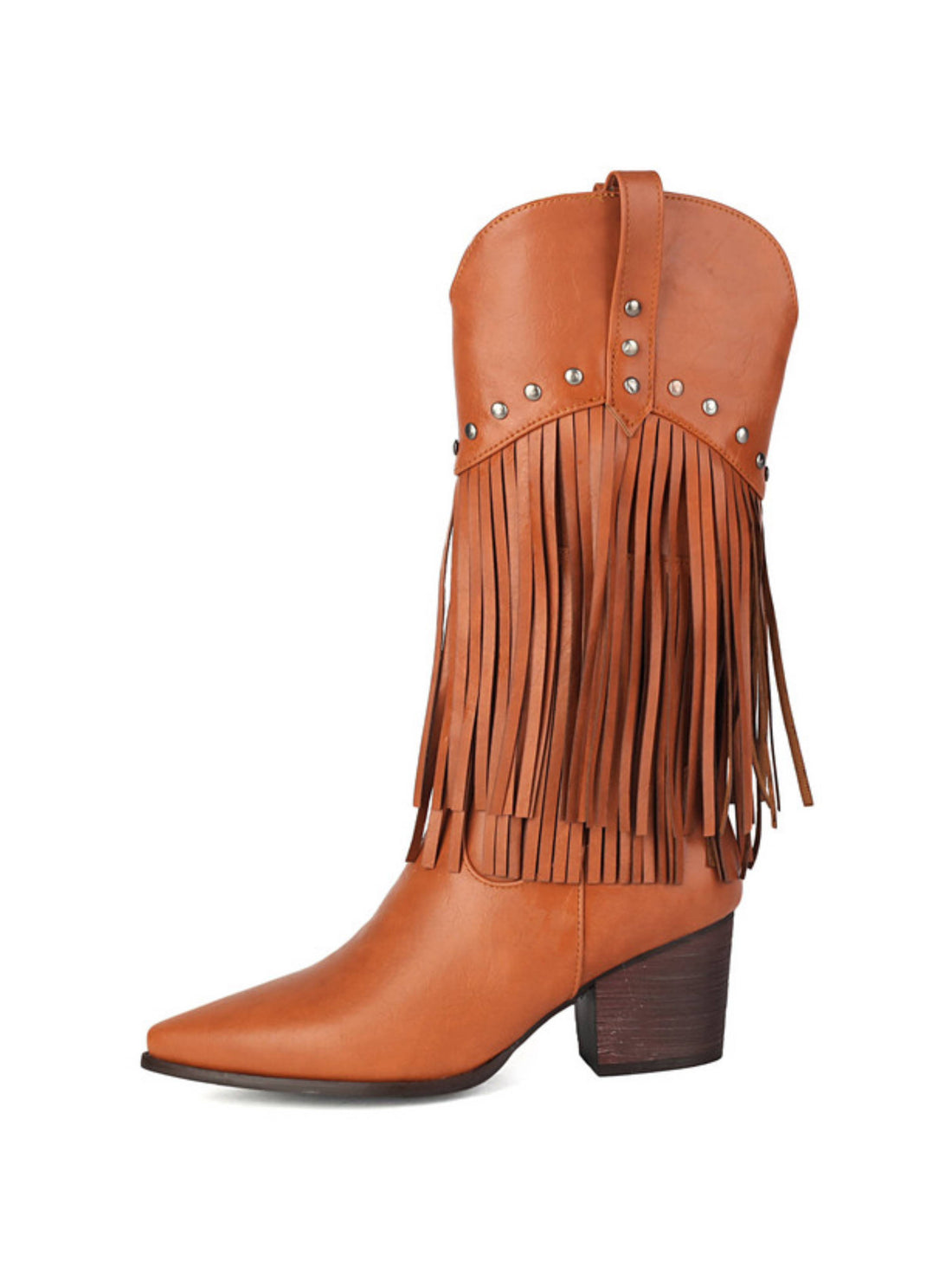 Cascading Fringe Brown Studded Western Mid-Calf Boots