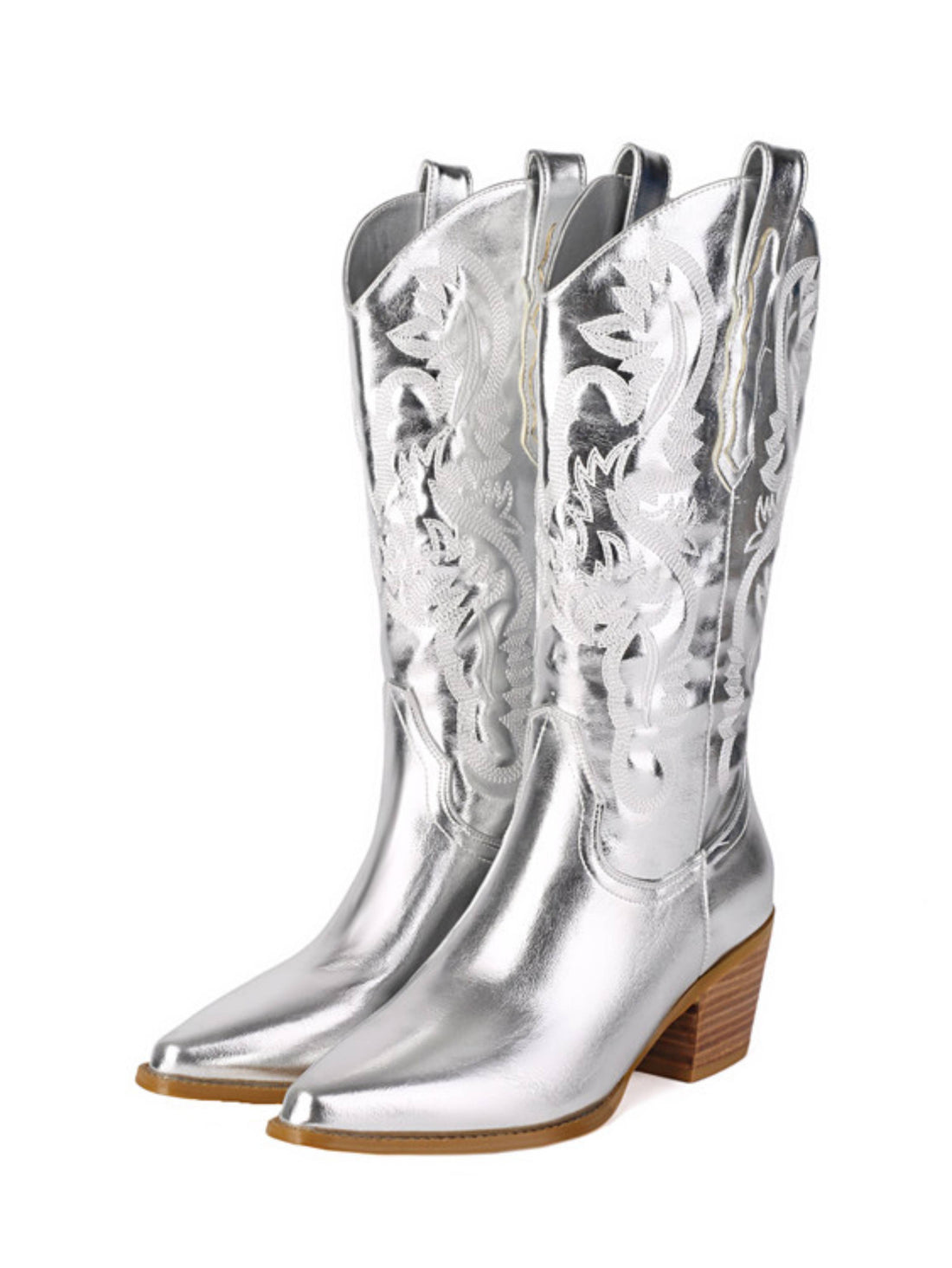 Chic Night-Out Metallic Silver Embroidered Cowgirl Boots Mid Calf