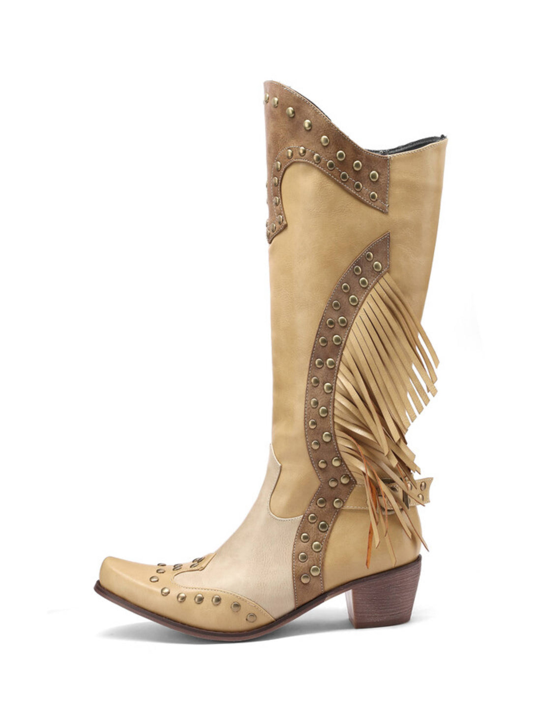 Chic Tan & Beige Two-Tone Studded Fringe Cowgirl Boots