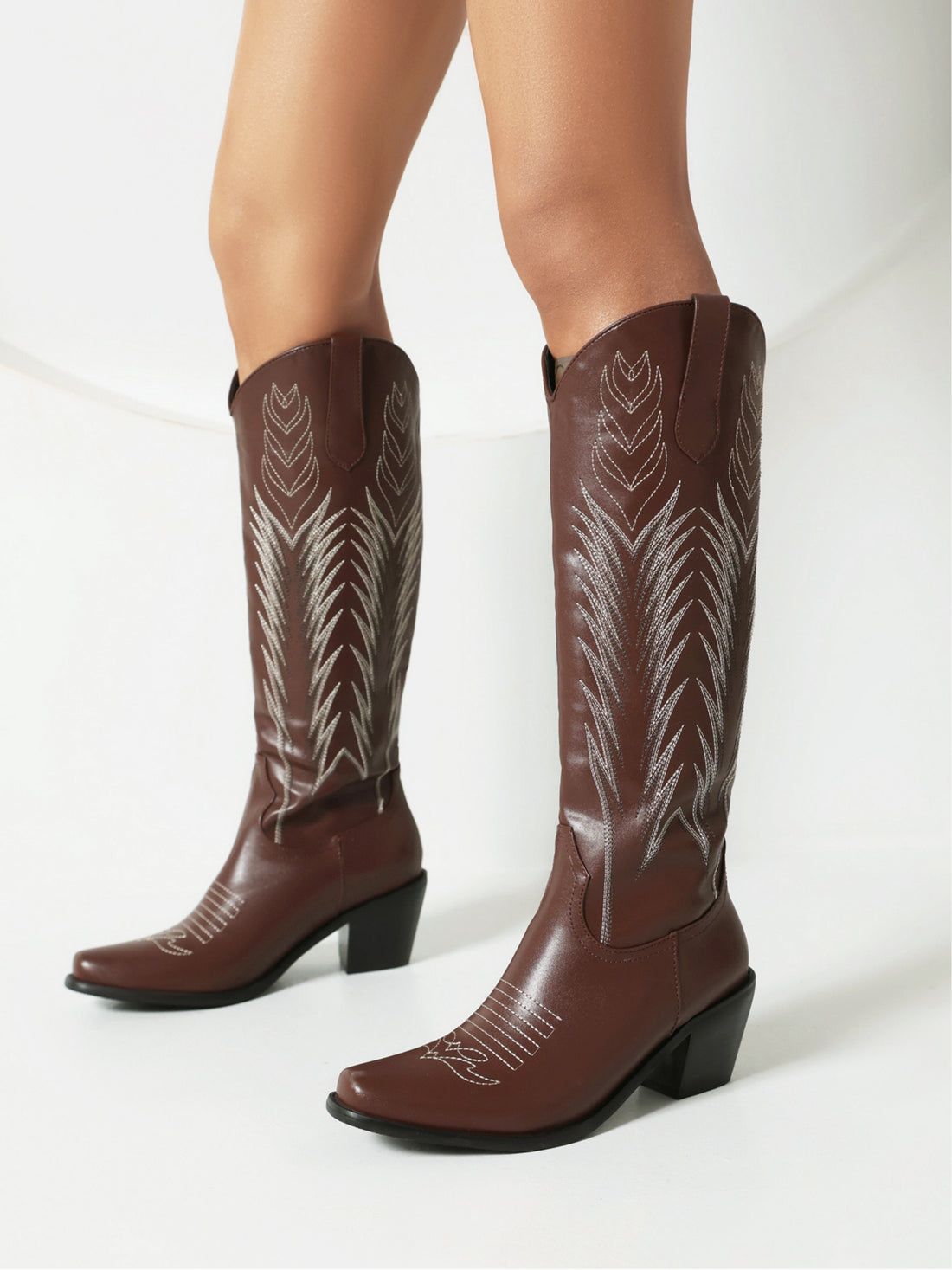 Classic Feather Brown Knee High Cowgirl Boots