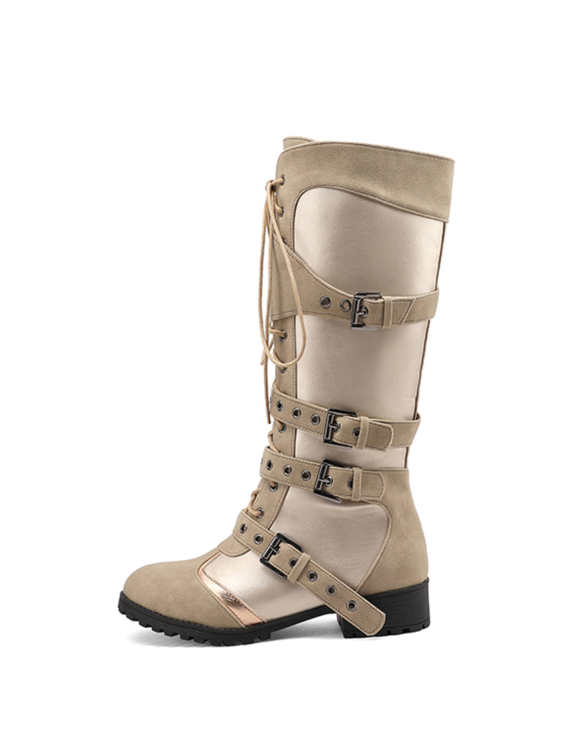Classic Beige Long Lace Up Western Riding Boots with Buckle Straps