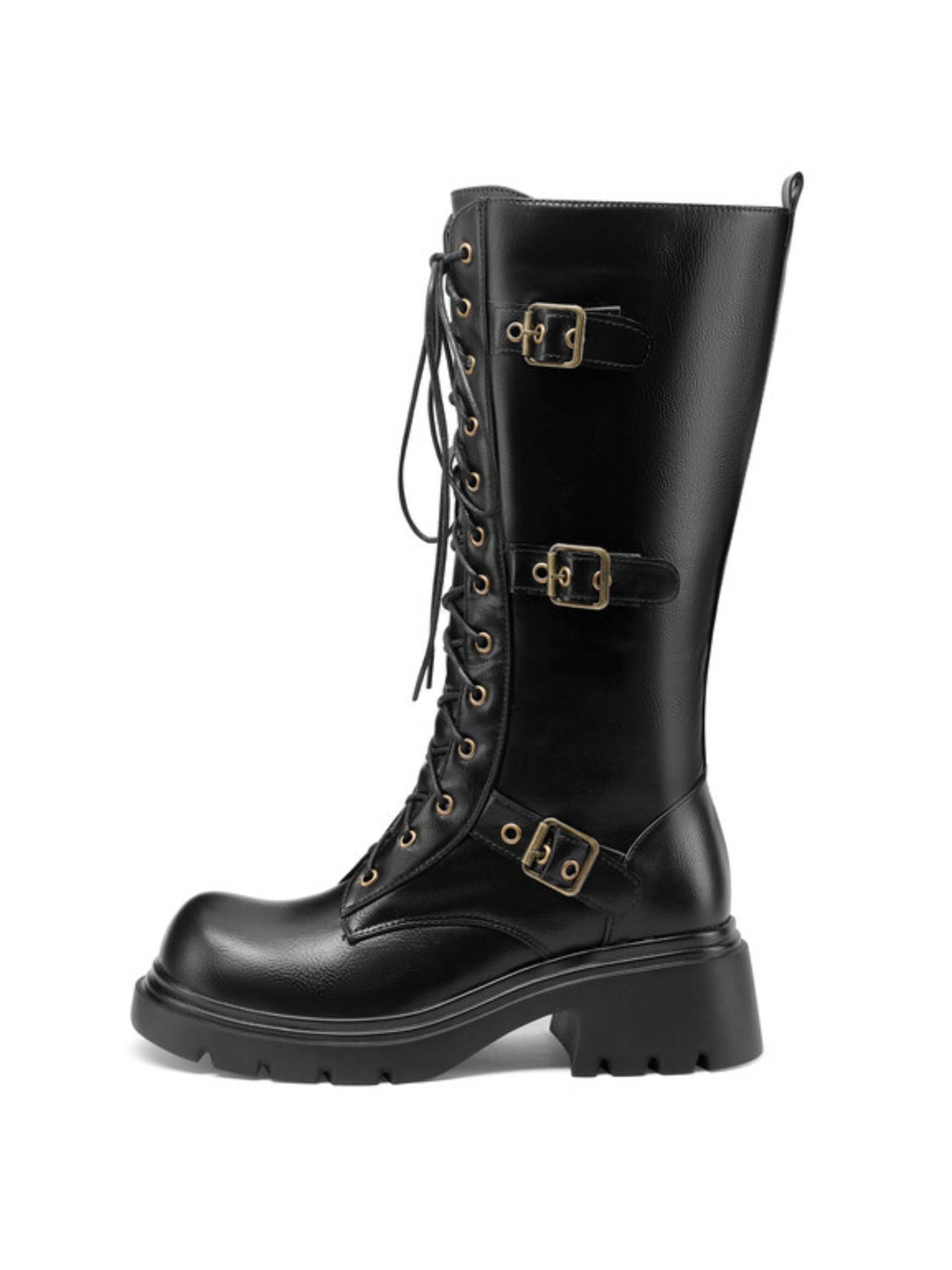 Fashion Black Lace-Up Buckled Platform Chunky Heel Boots Mid Calf