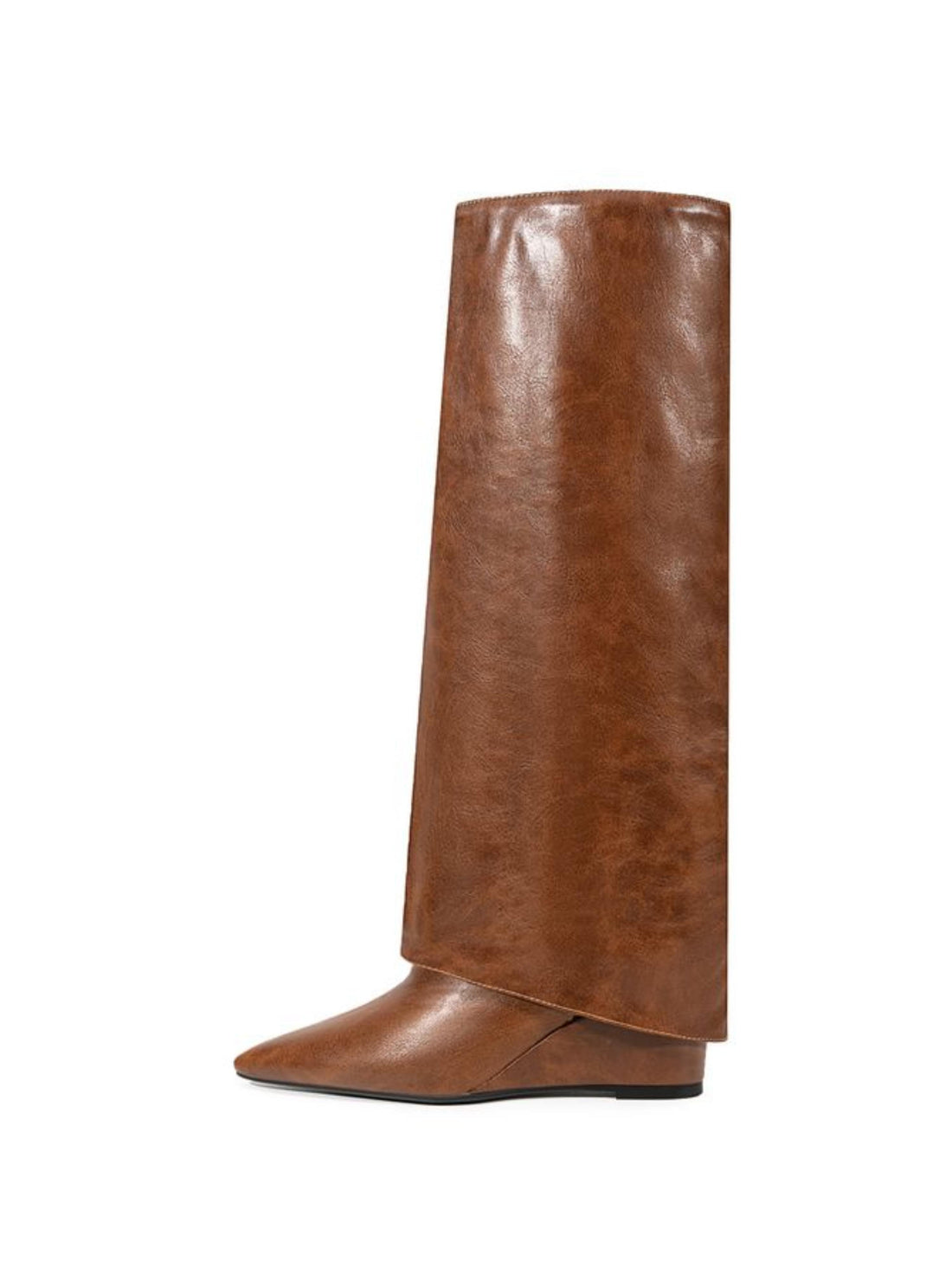 Classic Brown Fold Over Mid Calf Wedge Boots for Women