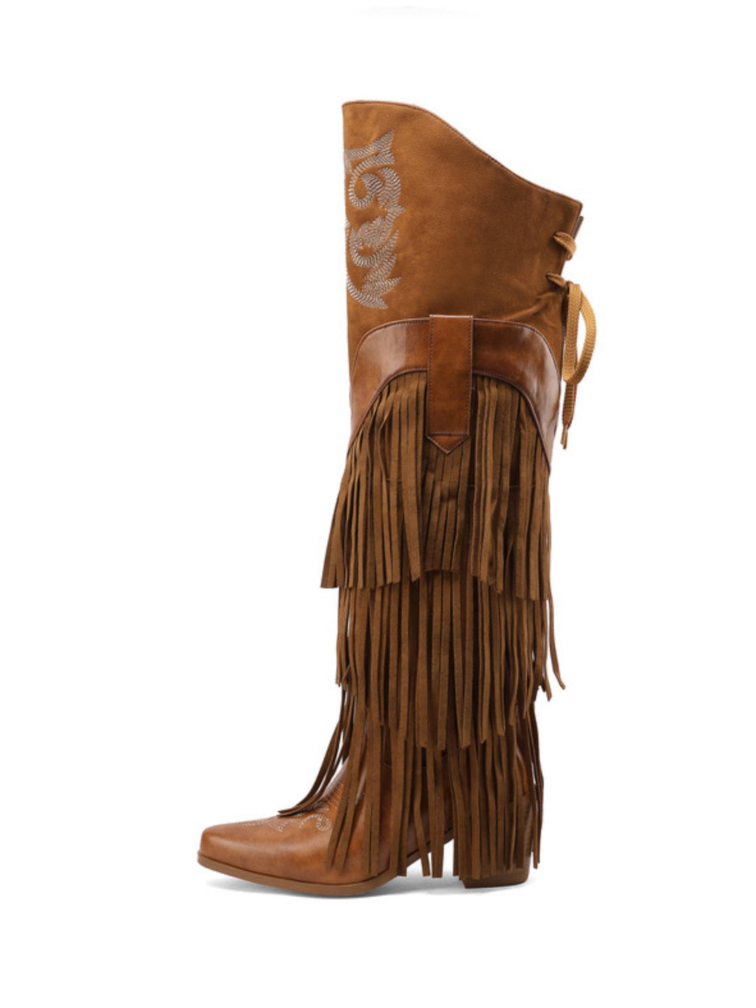 Classic Brown Lace-Up & Fringe Knee High Cowgirl Boots
