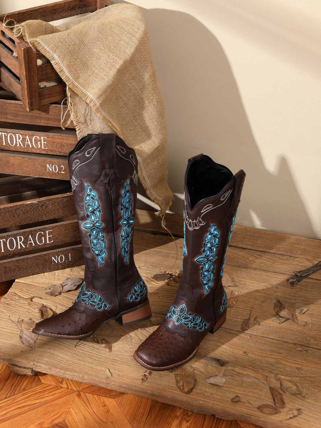 Classic Brown Square Toe Mid-Calf Embroidered Flower Cowgirl Boots