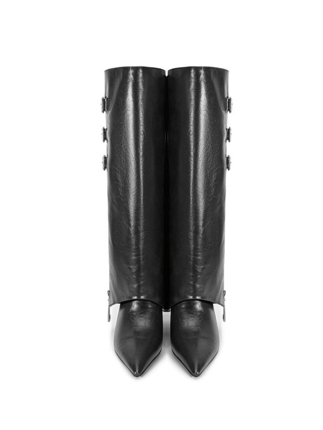 Classic Pointed Wedge Fold Over Black Mid Calf Boots Western