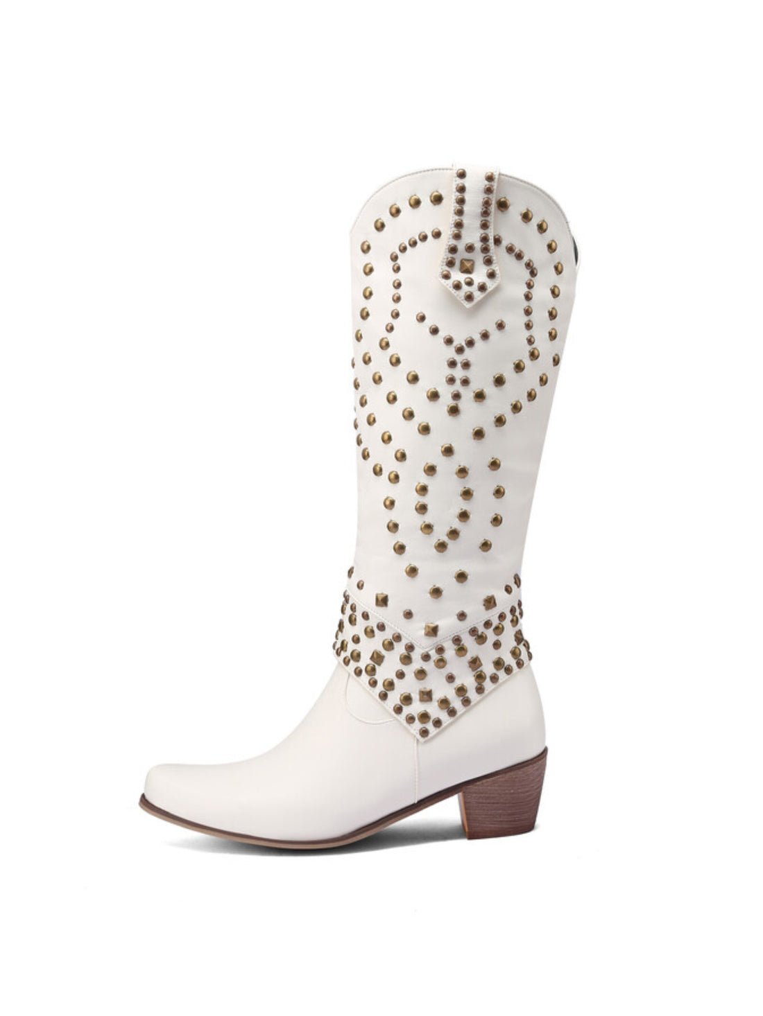 Classic Snip Toe Studded Knee High White Western Boots