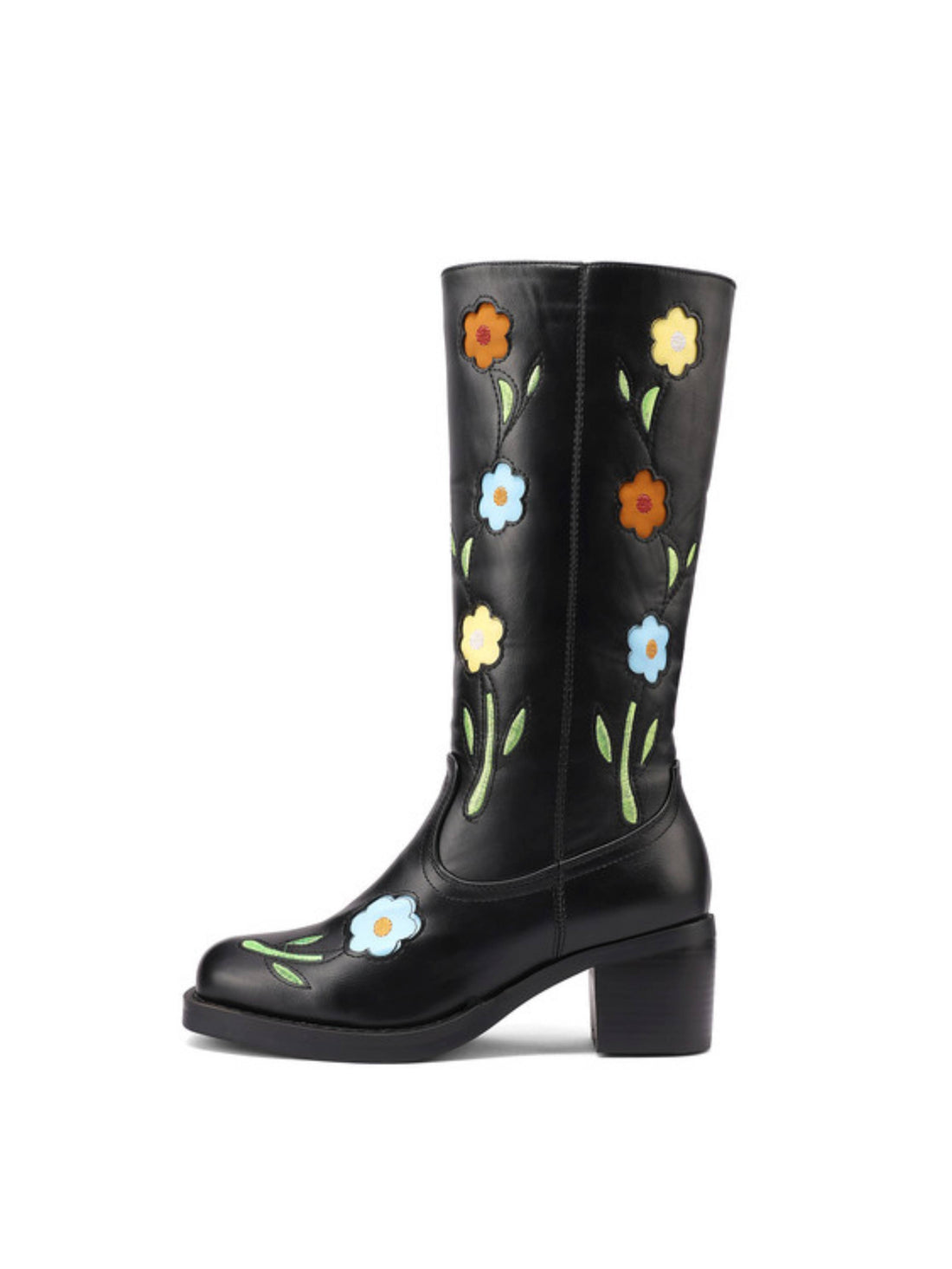 Colorful Floral Embroidered Black Cowgirl Boots Snip Toe