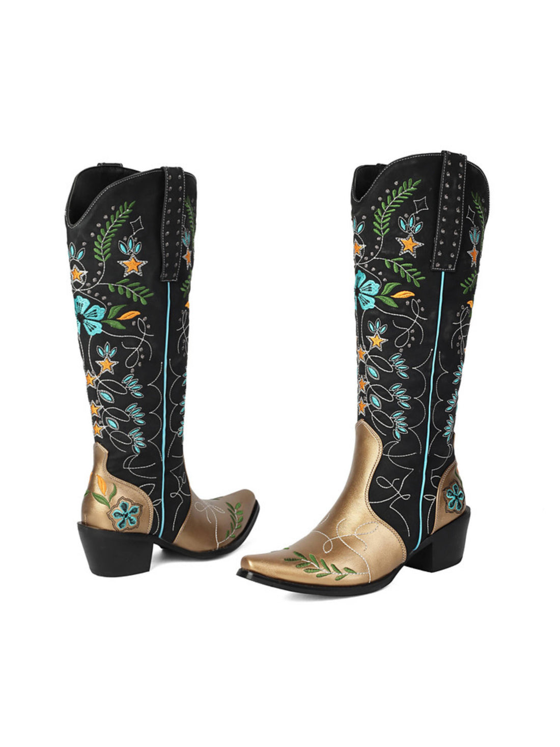 Colorful Floral Knee High Black and Gold Cowgirl Boots