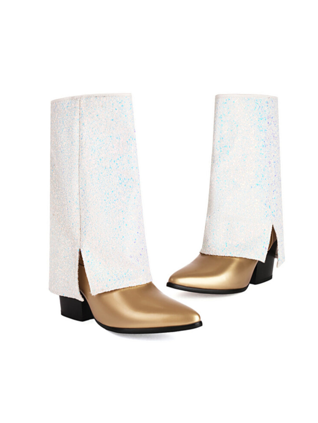 Colorful Sequin Fold Over High Heels Champagne Gold Cowgirl Boots