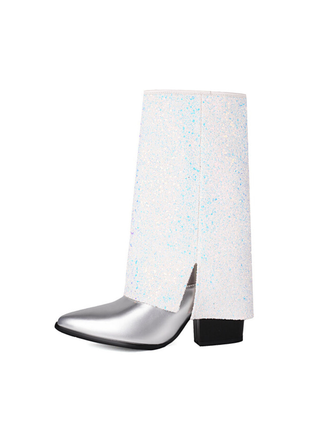 Colorful Sequin Fold Over Silver Cowgirl Boots with High Heels