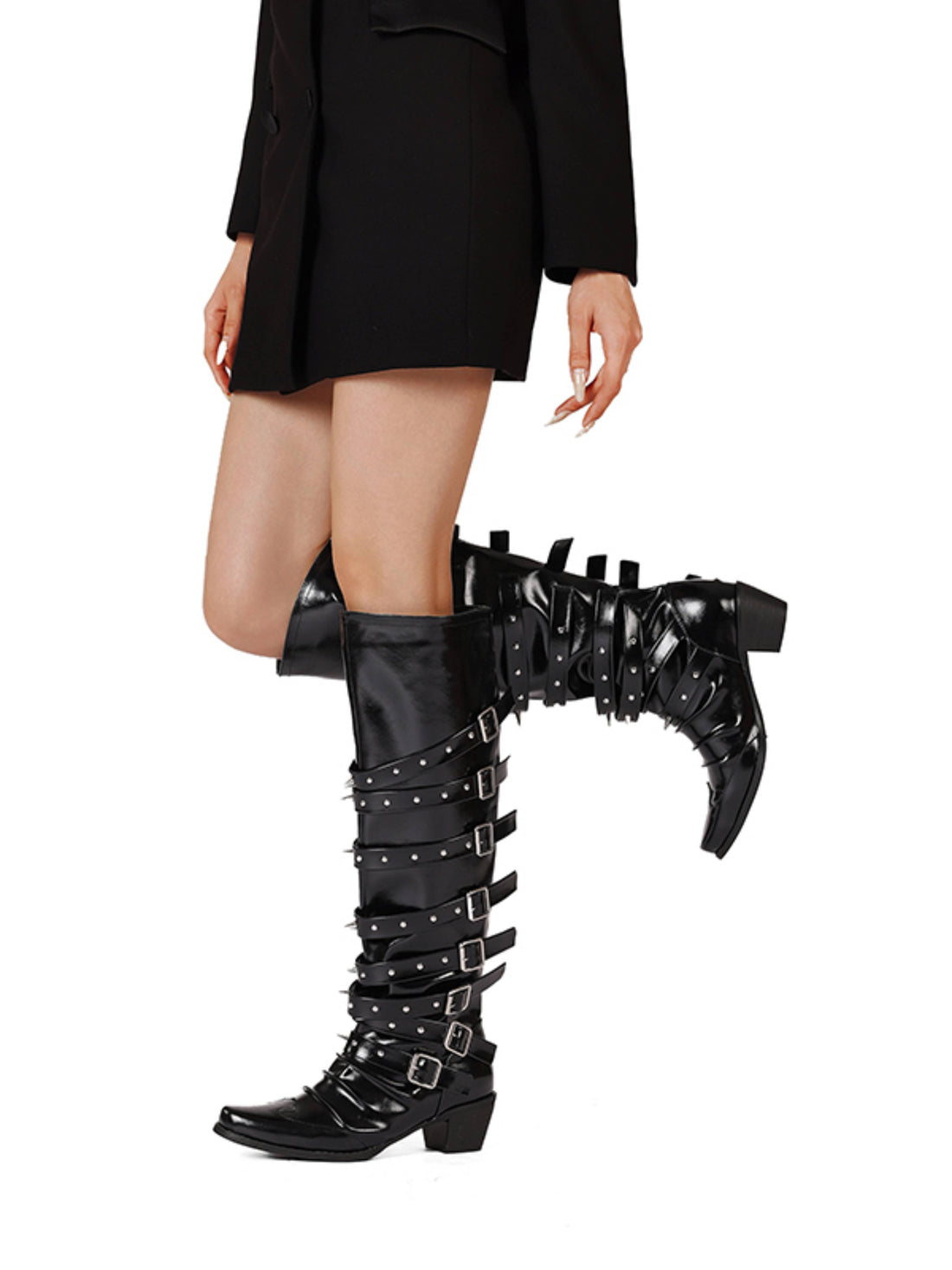 Cool Black Snip Toe Buckled and Rivet Strappy Western Boots for Women