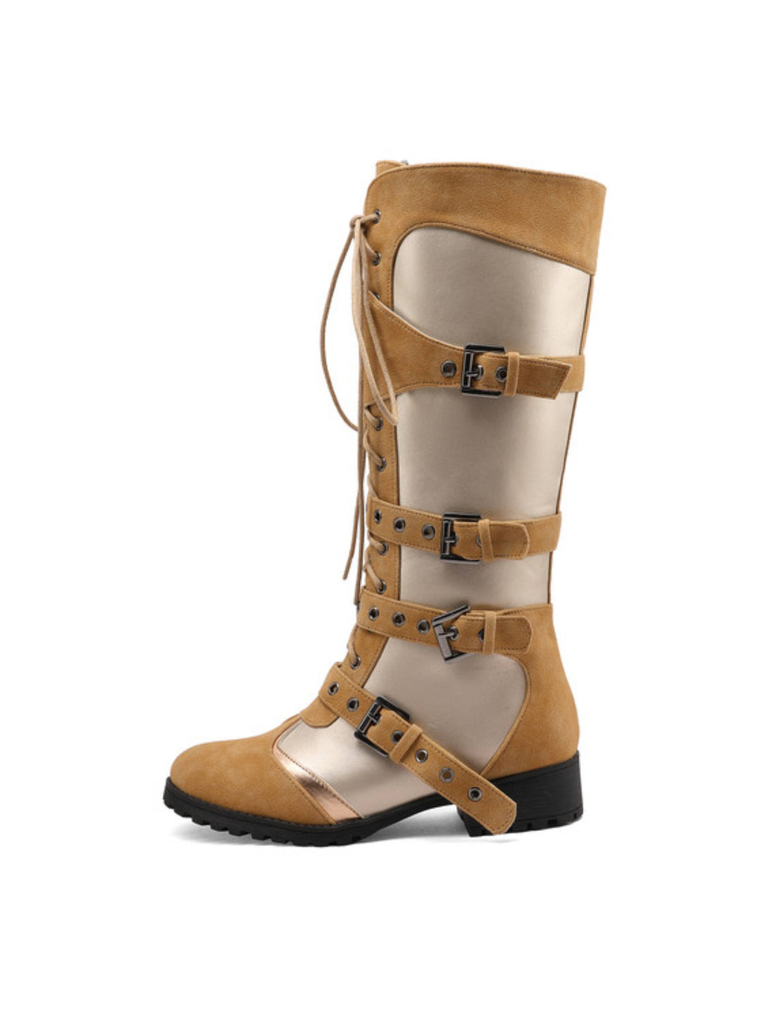 Cool Camel Brown Buckled Strap Lace-Up Western Tall Boots