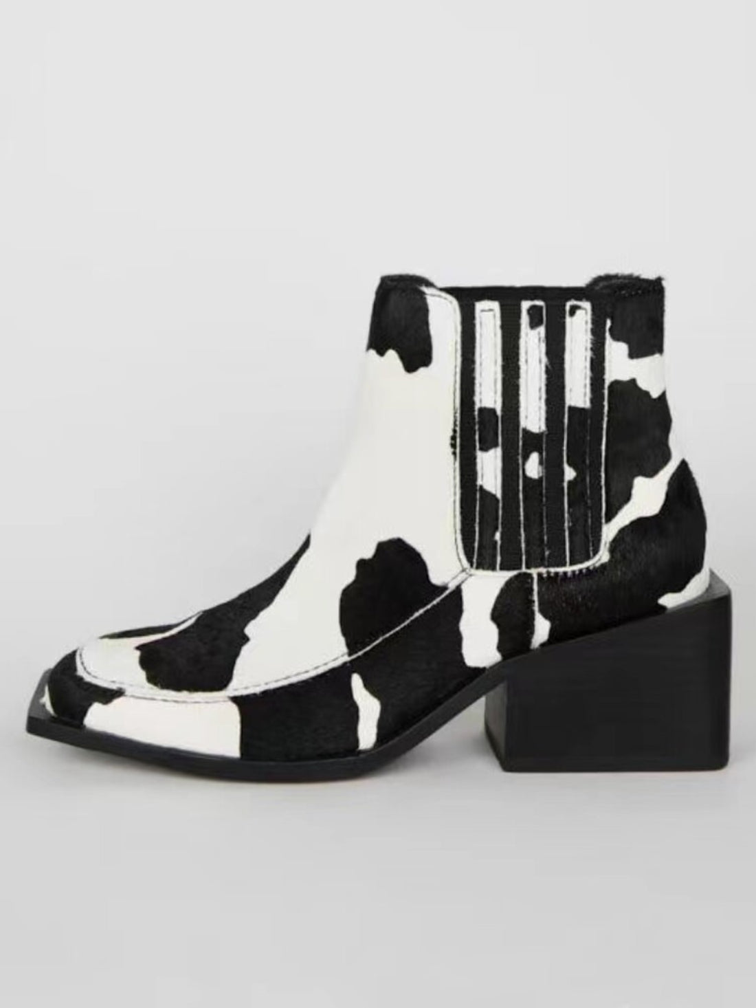 Cow Pattern Calf Hair Square Toe Western Black and White Chelsea Boots