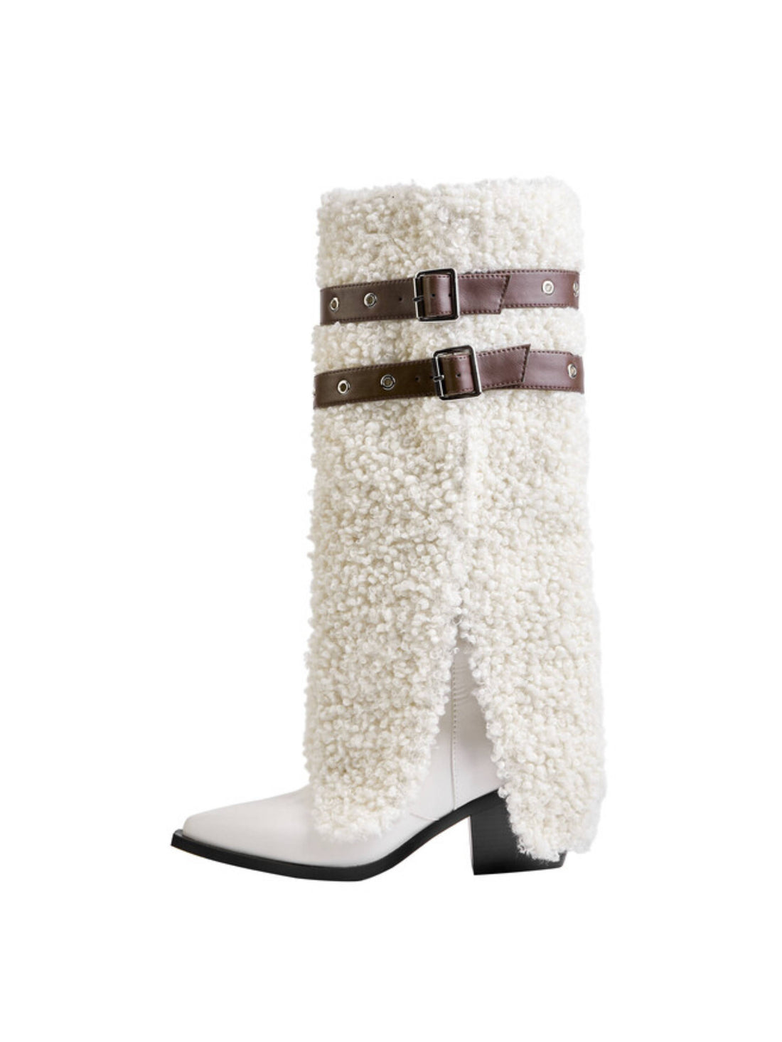 Cowgirl Furry Fold Over White Long Boots for Winter