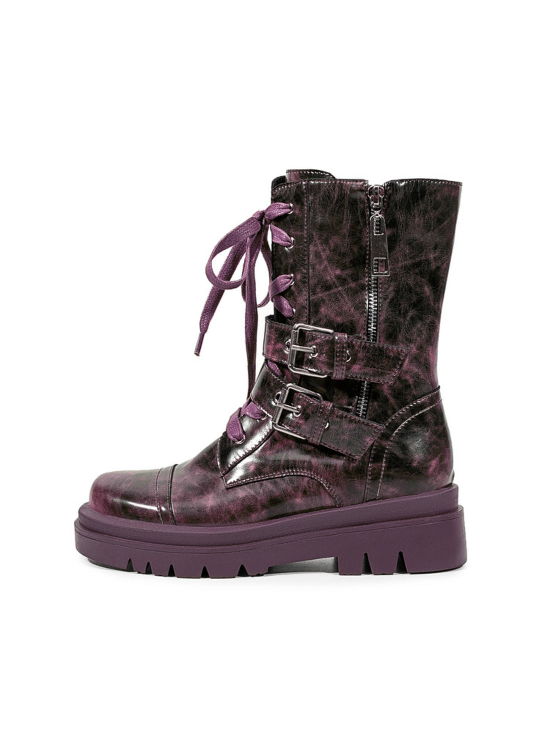 Lace-Up Buckled Belt Western Crazy Horse Leather Combat Boots Purple