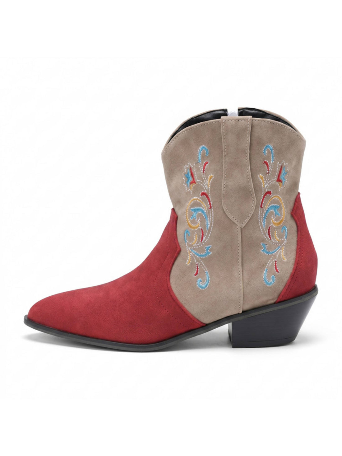 Crimson Red and Beige Western Ankle Booties with Multicolor Flowers