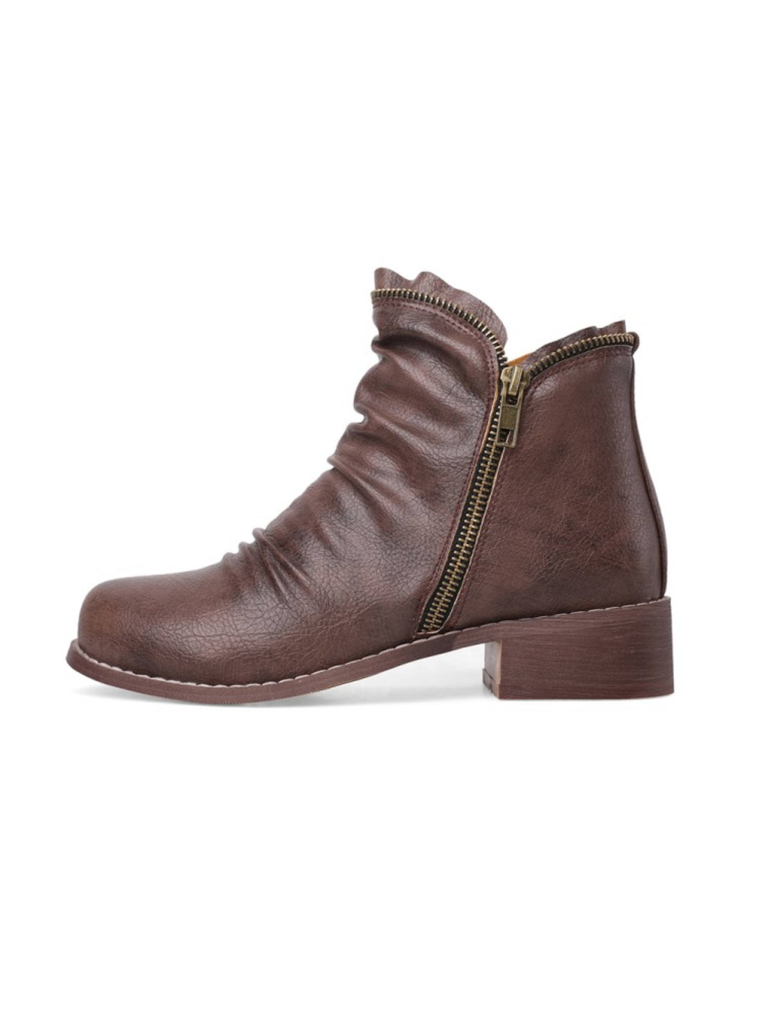 Dark Brown Double Zipper Low Heel Wrinkled Plus Size Short Boots
