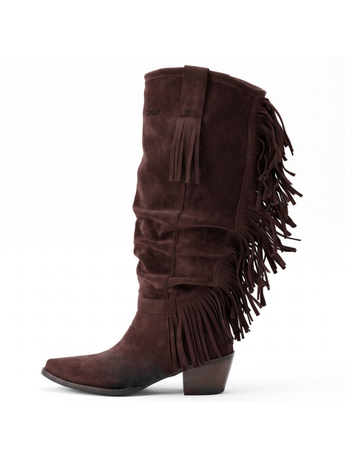 Dark Brown Faux Suede Long Cowboy Cowgirl Fringe Boots