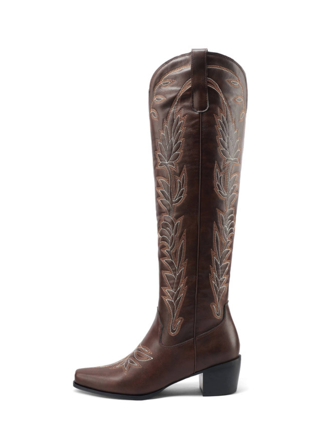Dark Brown Knee High Vine Embroidered Cowboy Boots for Women