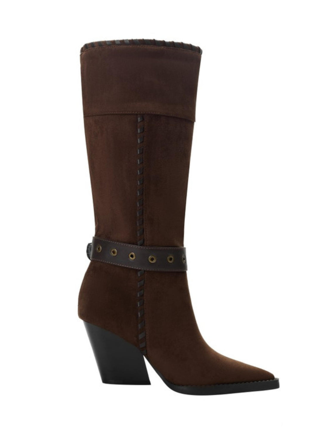 Dark Brown Western High Heel Knee High Boots Pointed Toe