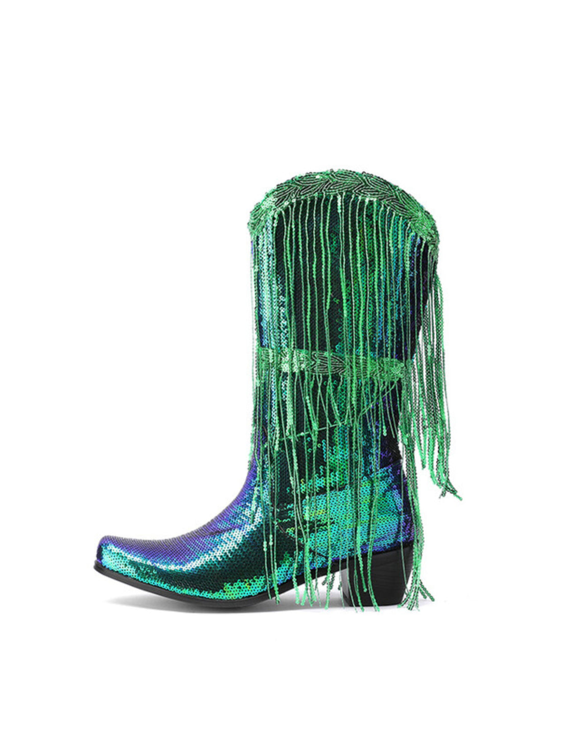 Dazzling Green Mid Calf Snip Toe Fringe Women's Western Boots