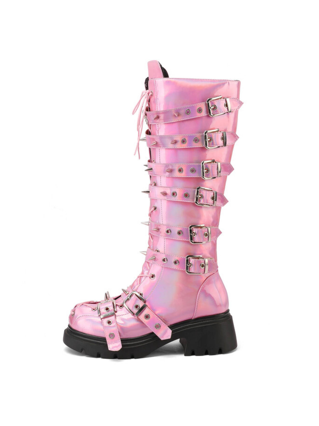 Dazzling Pink Gothic Buckled Lace-Up Rivets Knee High Boots