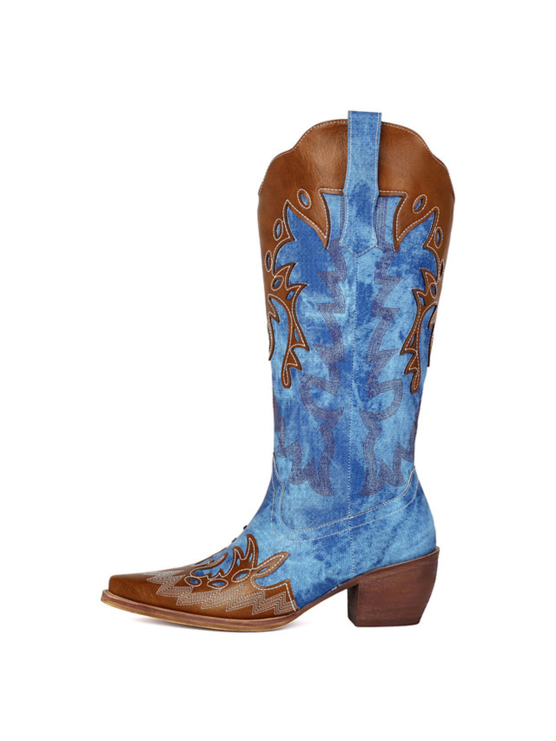 Denim Blue & Brown Patchwork Embroidered Tall Cowgirl Boots