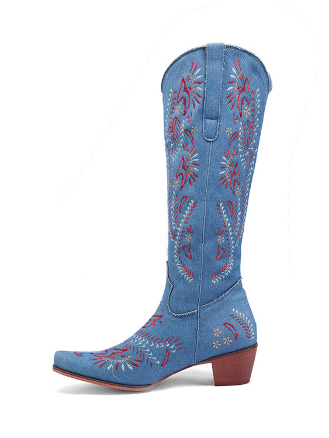 Denim Blue Floral Knee High Wide Calf Cowgirl Boots Snip Toe