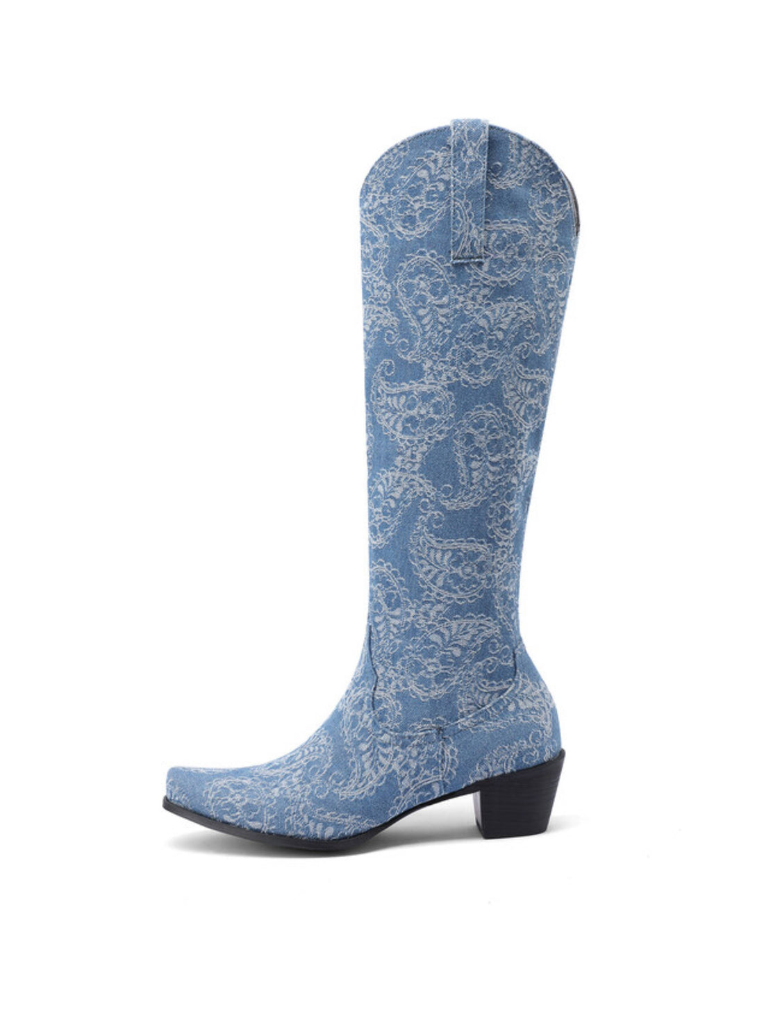 Denim Blue Lace Floral Print Cowboy Knee High Boots